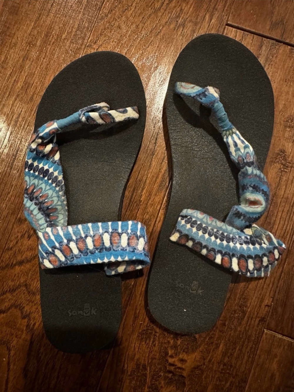 Women’s Black Sandals with Blue Patterned Fabric Straps